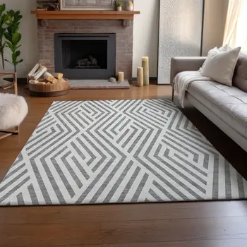 3' X 5' Gray And Ivory Geometric Washable Area Rug With UV Protection