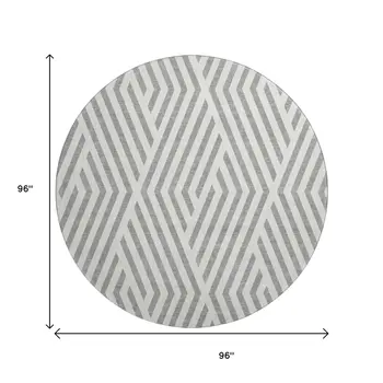 8' Gray And Ivory Geometric Washable Round Rug With UV Protection