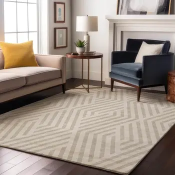 3' X 5' Ivory And Beige Geometric Washable Area Rug With UV Protection