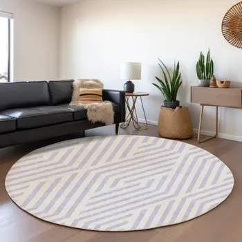 8' Lavender And Ivory Geometric Washable Round Rug With UV Protection