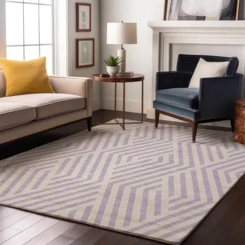 9' X 12' Lavender And Ivory Geometric Washable Area Rug With UV Protection