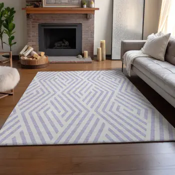 9' X 12' Lavender And Ivory Geometric Washable Area Rug With UV Protection