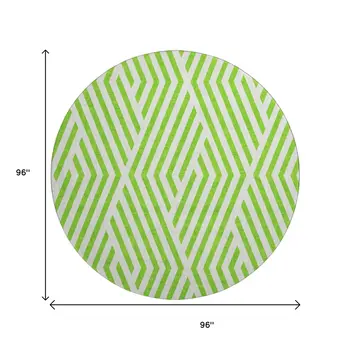 8' Lime Green And Ivory Geometric Washable Round Rug With UV Protection