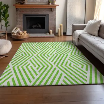 9' X 12' Lime Green And Ivory Geometric Washable Area Rug With UV Protection
