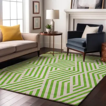 10' X 14' Lime Green And Ivory Geometric Washable Area Rug With UV Protection