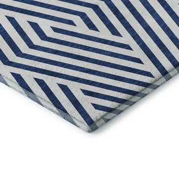 9' X 12' Navy Blue And Ivory Geometric Washable Area Rug With UV Protection