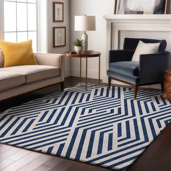 10' X 14' Navy Blue And Ivory Geometric Washable Area Rug With UV Protection
