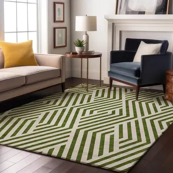 9' X 12' Olive Green And Ivory Geometric Washable Area Rug With UV Protection