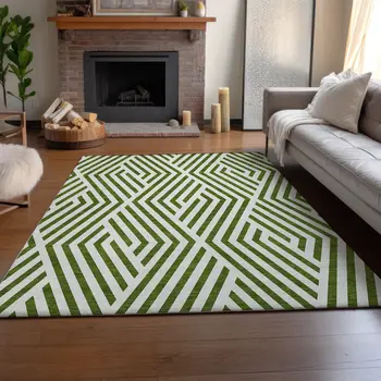 9' X 12' Olive Green And Ivory Geometric Washable Area Rug With UV Protection