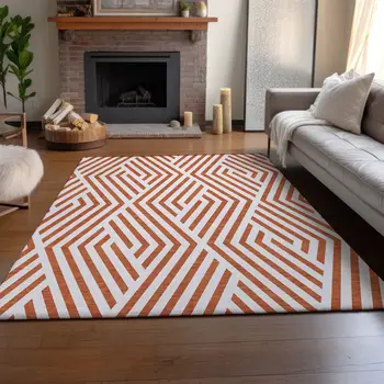 8' X 10' Rust And Ivory Geometric Washable Area Rug With UV Protection