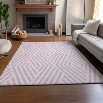 5' X 8' Pink And Ivory Geometric Washable Area Rug With UV Protection