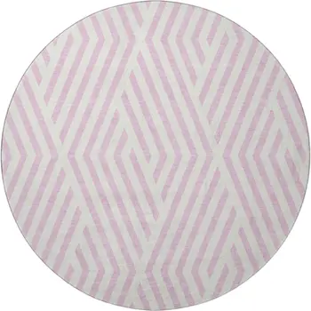 8' Pink And Ivory Geometric Washable Round Rug With UV Protection