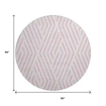 8' Pink And Ivory Geometric Washable Round Rug With UV Protection