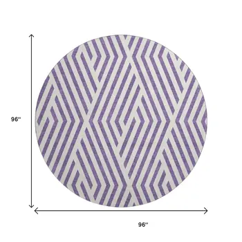 8' Purple And Ivory Geometric Washable Round Rug With UV Protection