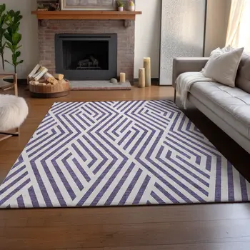 8' X 10' Purple And Ivory Geometric Washable Area Rug With UV Protection