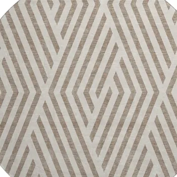 8' Taupe And Ivory Geometric Washable Round Rug With UV Protection