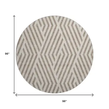 8' Taupe And Ivory Geometric Washable Round Rug With UV Protection