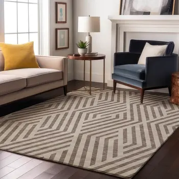 8' X 10' Taupe And Ivory Geometric Washable Area Rug With UV Protection