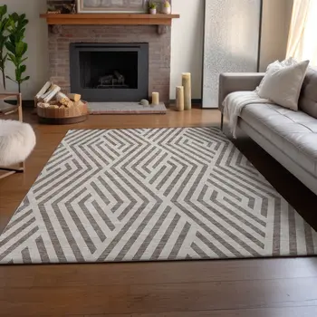 8' X 10' Taupe And Ivory Geometric Washable Area Rug With UV Protection