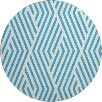 8' Teal And Ivory Geometric Washable Round Rug With UV Protection