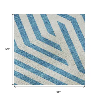 8' X 10' Teal And Ivory Geometric Washable Area Rug With UV Protection