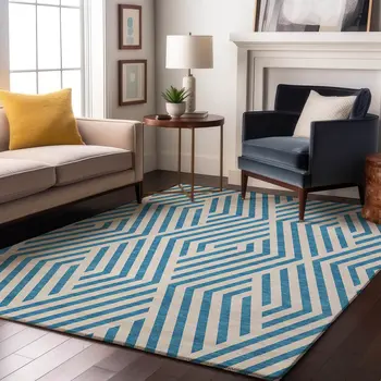 9' X 12' Teal And Ivory Geometric Washable Area Rug With UV Protection