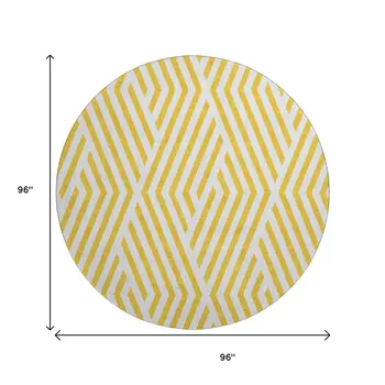 8' Yellow And Ivory Geometric Washable Round Rug With UV Protection