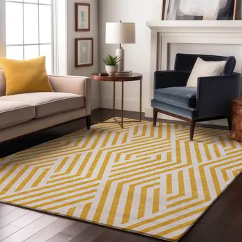 9' X 12' Yellow And Ivory Geometric Washable Area Rug With UV Protection