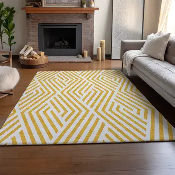 9' X 12' Yellow And Ivory Geometric Washable Area Rug With UV Protection