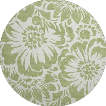 8' Fern Green And Ivory Floral Washable Round Rug With UV Protection