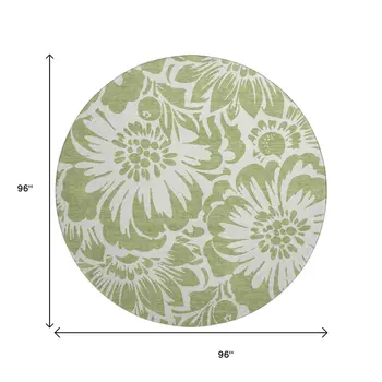 8' Fern Green And Ivory Floral Washable Round Rug With UV Protection