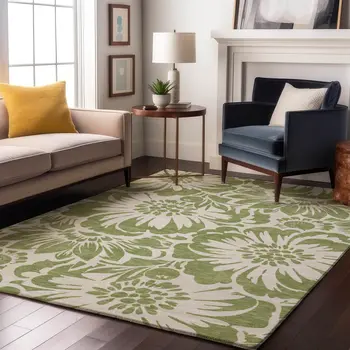 8' X 10' Fern Green And Ivory Floral Washable Area Rug With UV Protection