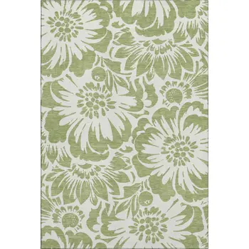8' X 10' Fern Green And Ivory Floral Washable Area Rug With UV Protection