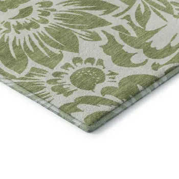 8' X 10' Fern Green And Ivory Floral Washable Area Rug With UV Protection