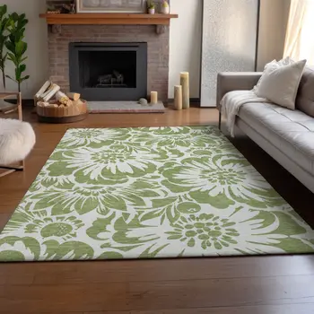 8' X 10' Fern Green And Ivory Floral Washable Area Rug With UV Protection