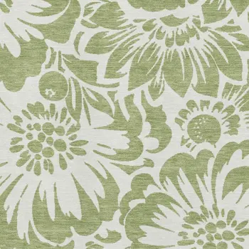 8' X 10' Fern Green And Ivory Floral Washable Area Rug With UV Protection