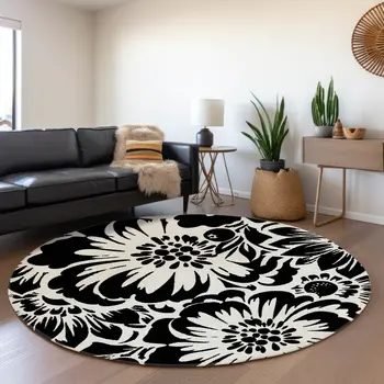 8' Black And Ivory Floral Washable Round Rug With UV Protection