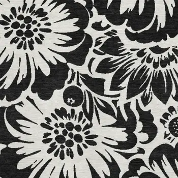 8' X 10' Black And Ivory Floral Washable Area Rug With UV Protection