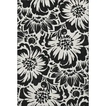 9' X 12' Black And Ivory Floral Washable Area Rug With UV Protection