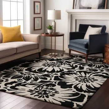 10' X 14' Black And Ivory Floral Washable Area Rug With UV Protection