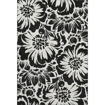 10' X 14' Black And Ivory Floral Washable Area Rug With UV Protection
