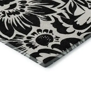 10' X 14' Black And Ivory Floral Washable Area Rug With UV Protection