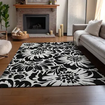 10' X 14' Black And Ivory Floral Washable Area Rug With UV Protection