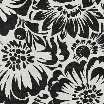 10' X 14' Black And Ivory Floral Washable Area Rug With UV Protection