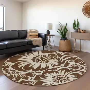 8' Brown And Ivory Floral Washable Round Rug With UV Protection