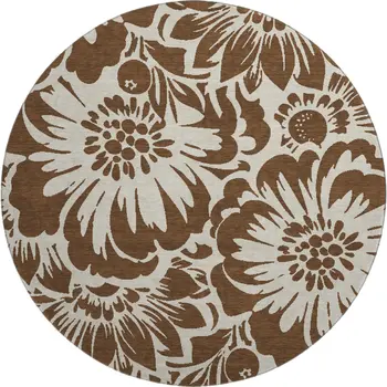 8' Brown And Ivory Floral Washable Round Rug With UV Protection