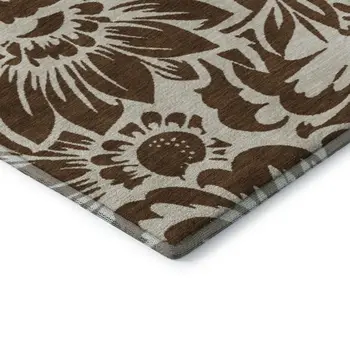 8' Brown And Ivory Floral Washable Round Rug With UV Protection