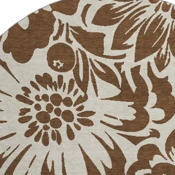 8' Brown And Ivory Floral Washable Round Rug With UV Protection