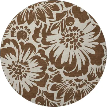 8' Brown And Ivory Floral Washable Round Rug With UV Protection