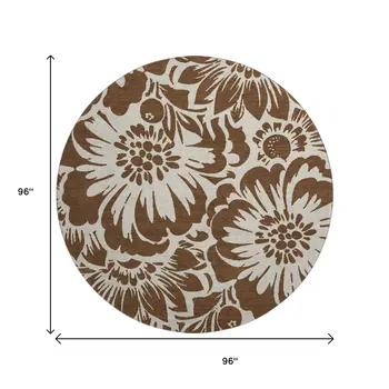 8' Brown And Ivory Floral Washable Round Rug With UV Protection